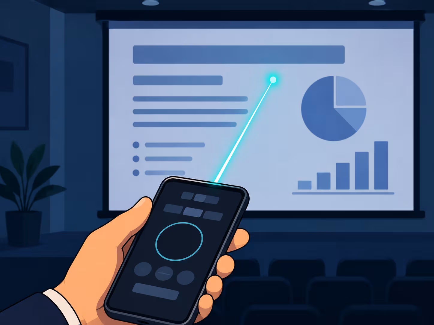 A hand holding a phone whose laser dot lands on a slide projected on a presentation screen