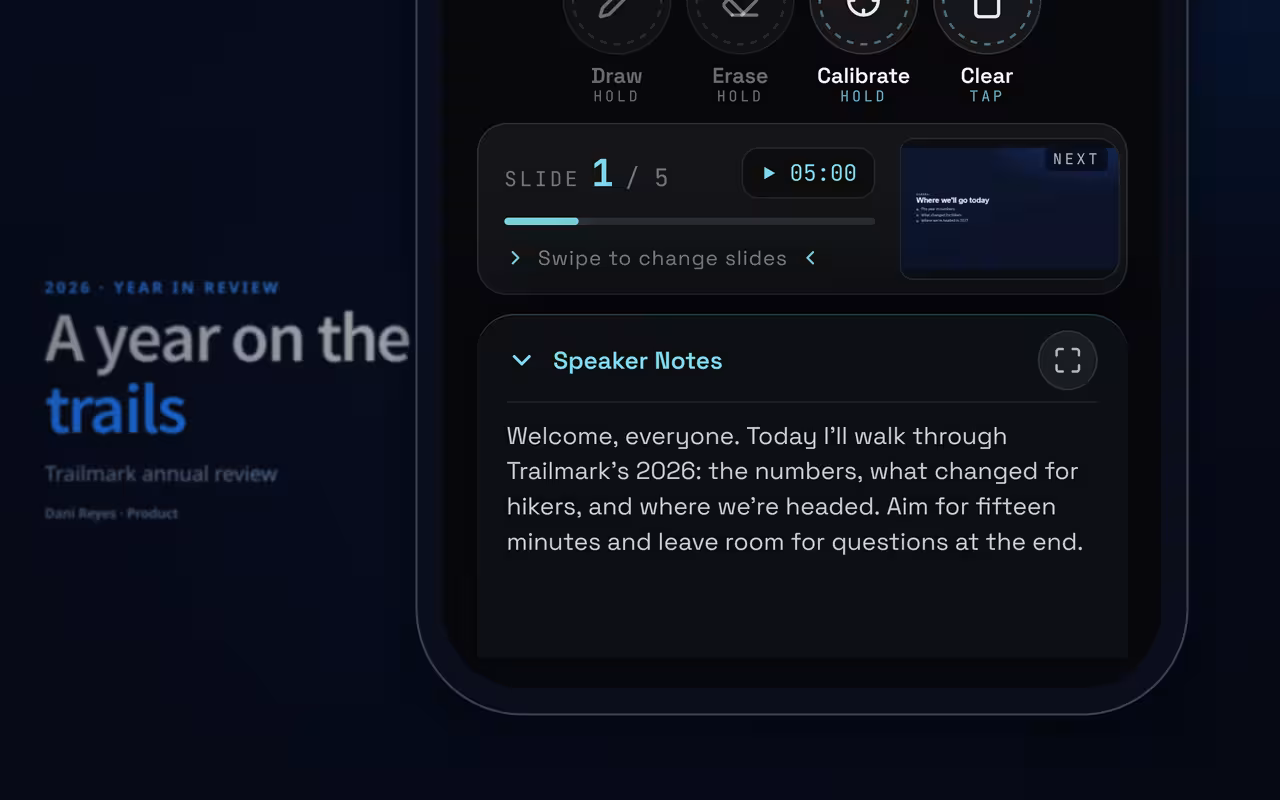 A phone running Clikr showing the speaker notes and a preview of the next slide, over a clean presentation slide
