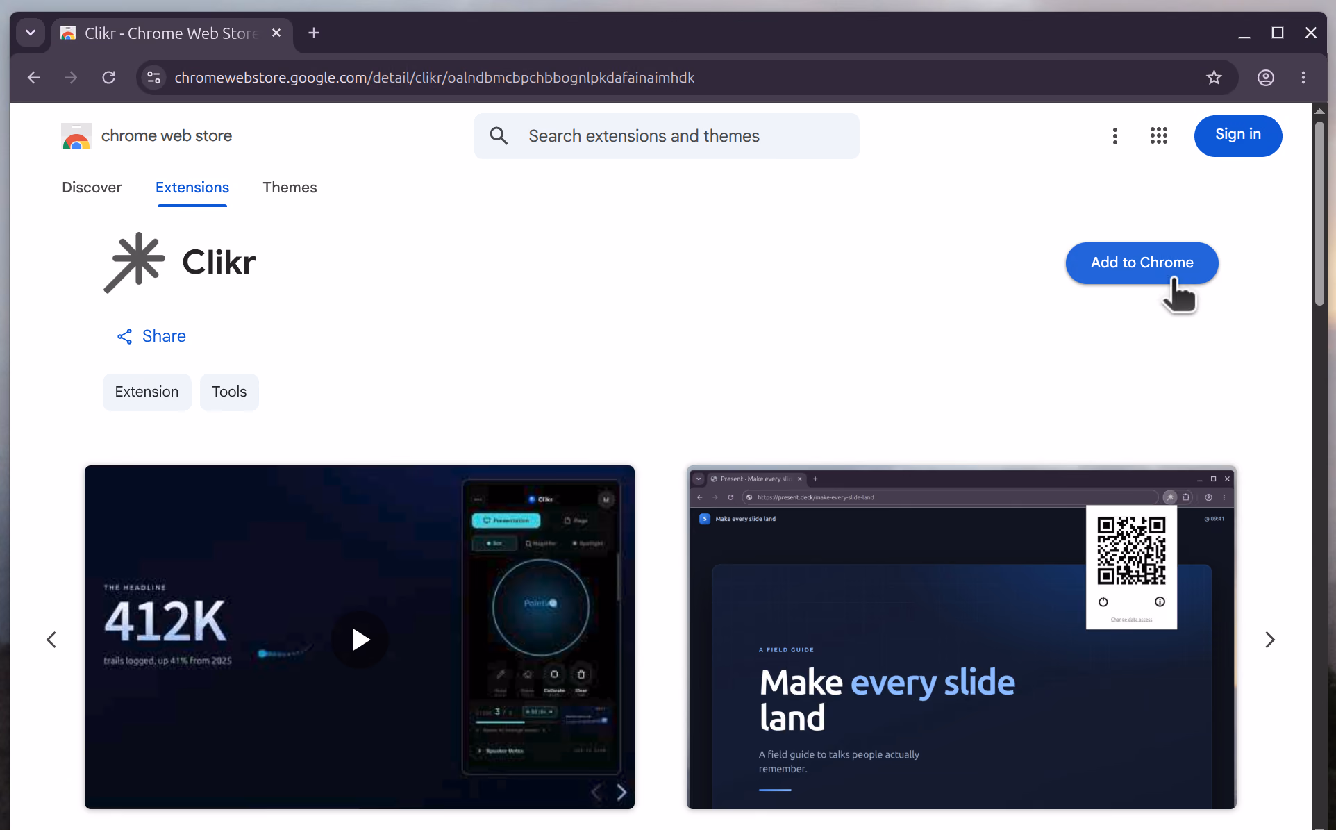 The Clikr extension in the Chrome Web Store, with the Add to Chrome button
